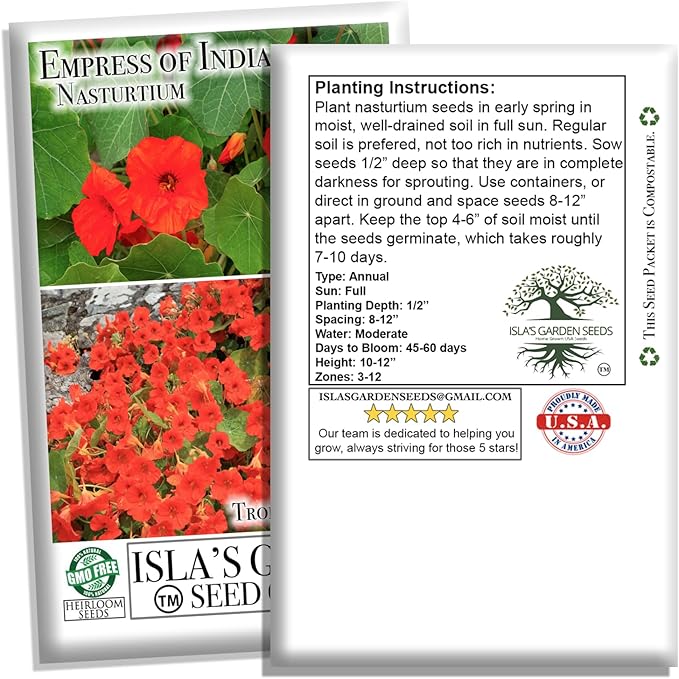 Empress of India Nasturtium Seeds (Tropaeolum nanum) โ 50+ Heirloom Non-GMO Seeds by Islaโs Garden Seeds, Deep Crimson Blooms & Dark Green Foliage, Edible Flowers, Perfect for Gardens & Containers