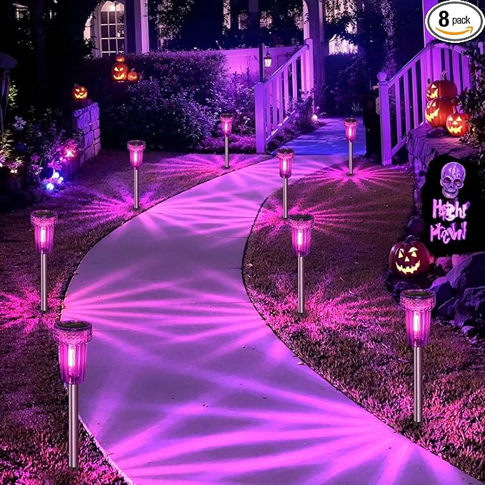 DERAYSION Halloween Solar Lights Outdoor Pathway Lights Purple LED Waterproof Yard Landscape Acrylic Lamp Auto Dusk-to-Dawn Halloween Decorations Outdoor for Path, Garden 8 Pack