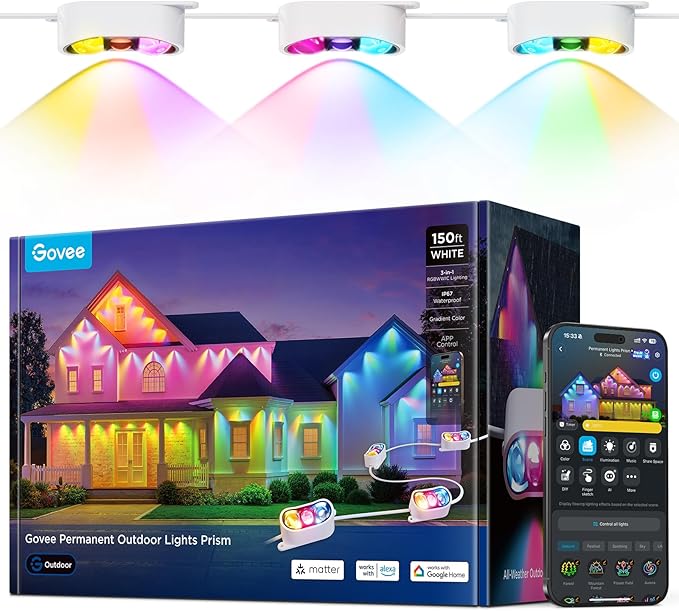 Govee Permanent Outdoor Lights Prism, 150ft with 54 Triple-Color Lighting Heads, 100+ Scene Modes, Up to 60lm for Outdoor Decor, IP68 Waterproof, Works with Alexa, Google Assistant & Matter, White
