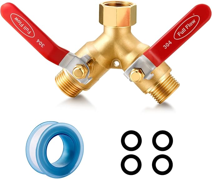 Garden Hose Splitter Full Flow Splitter No Restricted-Flow Connector Heavy Duty Brass Hose y Splitter, 2 way High Flow Hose Bib Adapter with Shut Off Valves (Long Handle)