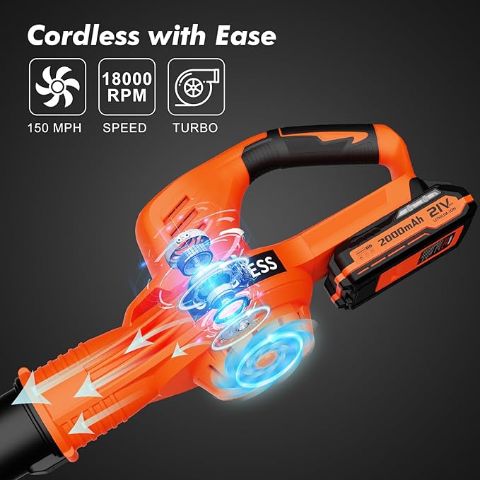 Leaf Blower Cordless - 21V Powerful Electric Leaf Blower with 2 Batteries and Charger, 2 Speed Modes, 2.0Ah Lightweight Battery Powered Leaf Blowers for Lawn Care, Patio, Dust, Blowing Leaves