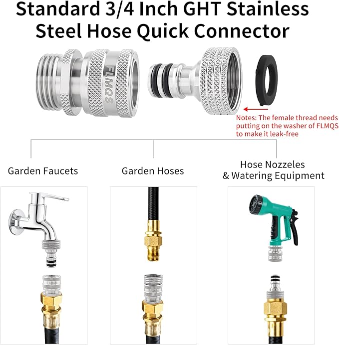 Garden Hose Quick Connect, Solid Stainless Steel 3/4 inch GHT Quick Connector Hose Fitting, Leak Proof up to 120 PSI Water Hose Connectors Adapter, Premium Garden Hose Disconnect(1 Set)