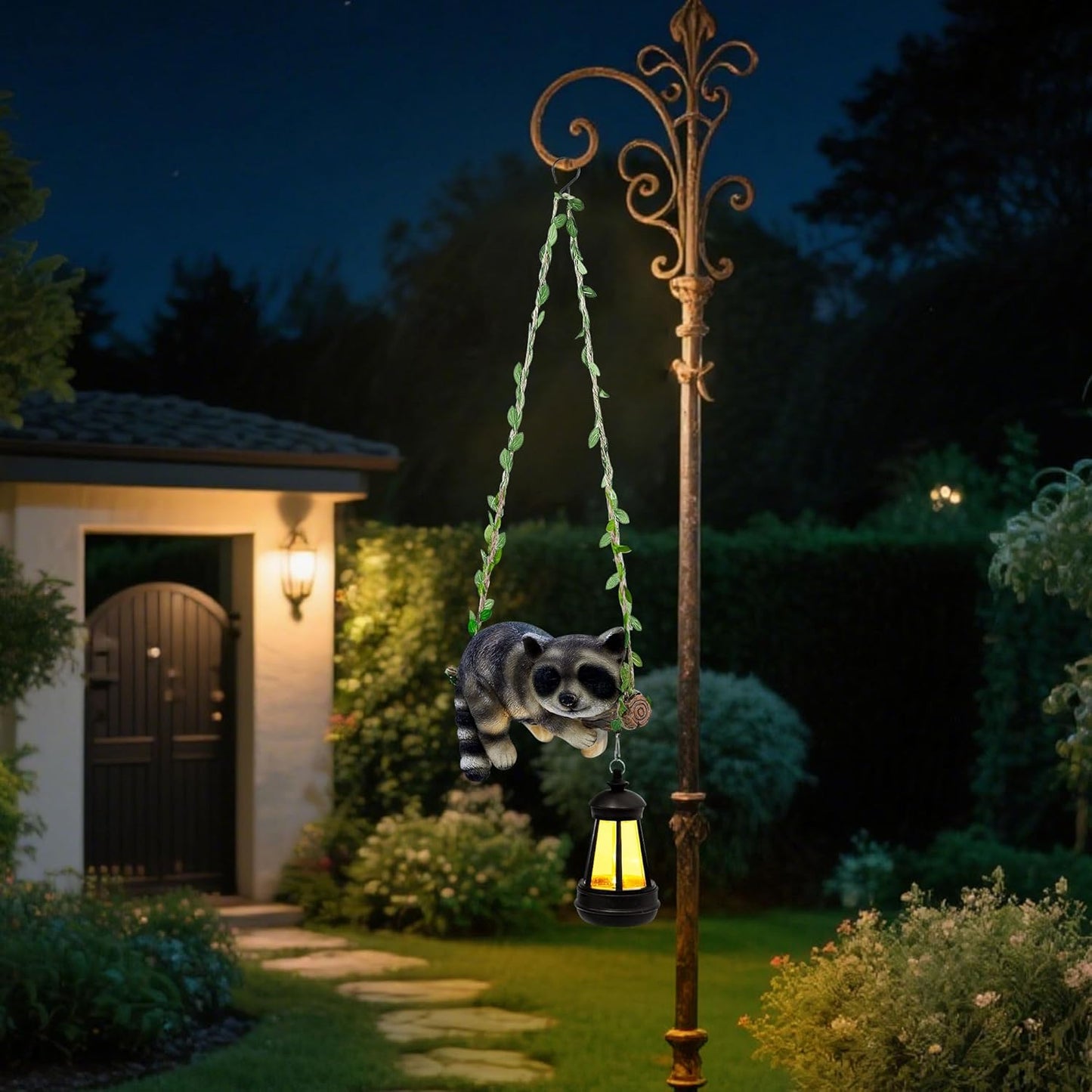 Solar Lighted Garden Outdoor Statue, 20.1" H Hanging Swing Lying with A Sleeping Raccoon and A LED Lantern, Resin Animal Figurine Hanging Ornaments with Hook for Decoration & Gift