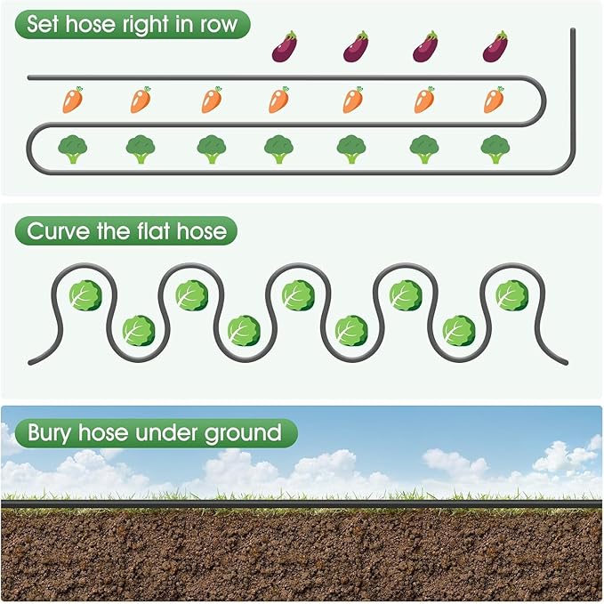 Flat Soaker Hose 50 ft for Garden Beds, Linkable Drip Irrigation Hose, Double-Layer PVC, Leakproof & Kink-Resistant, Even Seepage Saves up to 80% Water