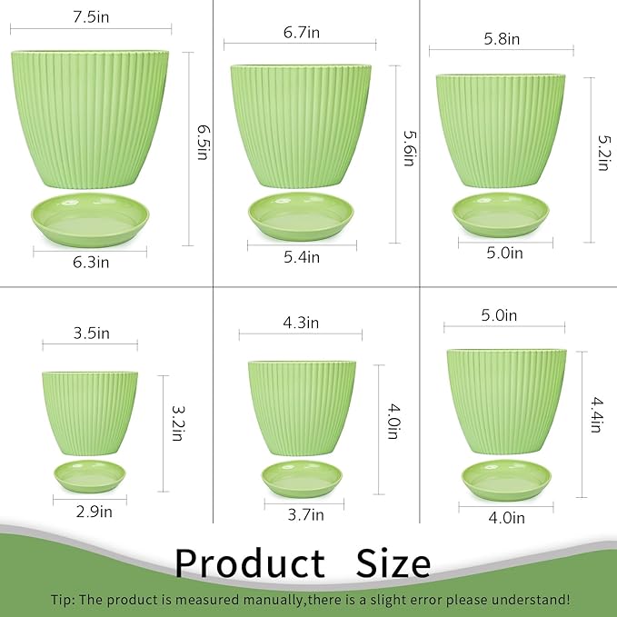 Plant Pots Indoor with Saucers & Drainage - 6 Pack Flower Pots - Plastic Planters for Indoor Planter - 7.5/6.6/5.8/5.0/4.3/3.5 inches Sizes for All Different Types of Plants-Light Green
