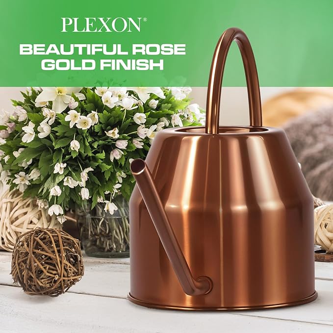 Plexon Rose Gold Metal Watering Can Indoor Plants 40 oz, Stainless Steel Long Spout Watering Can Outdoor House Plant Flower, Garden