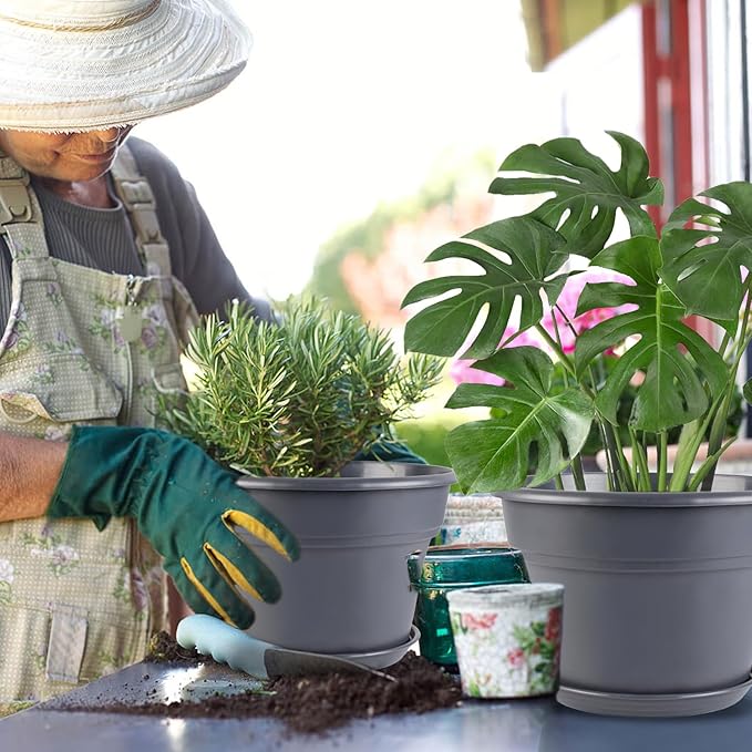 6-inch-Plant-Pots-Indoor-Outdoor, 6 Pack Plastic Planters with Drainage Holes & Saucers, Resin Flower Pots with Trays, Classic Garden Pot Container for House