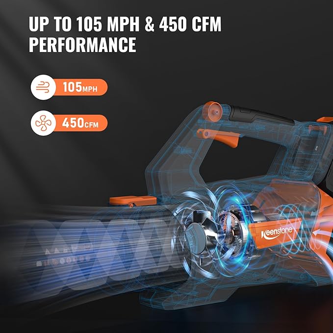 Keenstone Leaf Blowers Cordless, 20V Electric Blower 450CFM with 4.0Ah Battery Powered and Charger, Stepless Speed Control, One-Handed Operated Lightweight Blowers for Patio, Lawn Care, Yard Cleaning