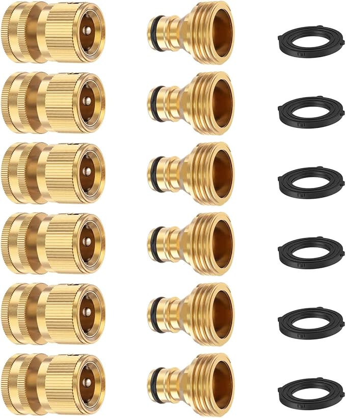 FINEST+ Garden Hose Quick Connector, Solid Brass 3/4 Inch Thread Fitting No-Leak Water Hose Female and Male Easy Connect (6 Sets)