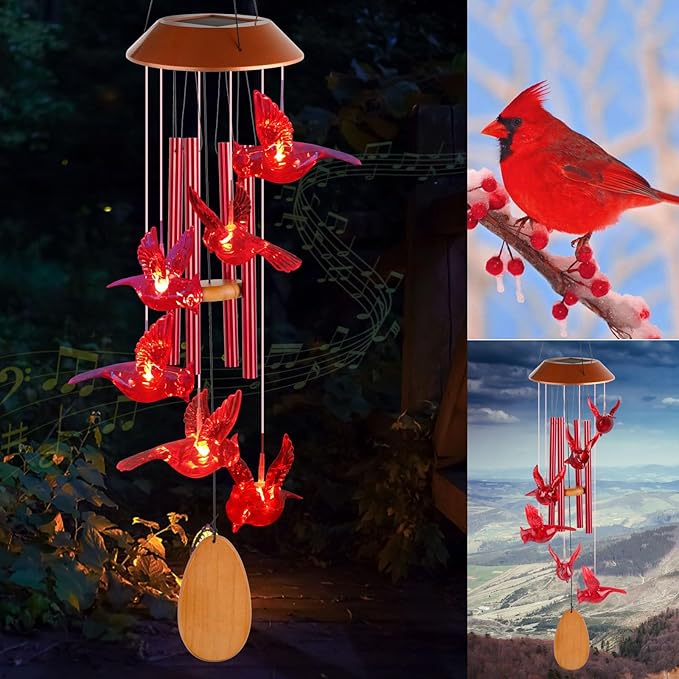 Cardinals Decorative Mobiles Gifts, Solar Cardinals Wind Chimes, Gifts for Mom, Women, Grandma, Garden Courtyard Lawn Decoration, Thanksgiving Gift, Decor Gift for Christmas and New Year
