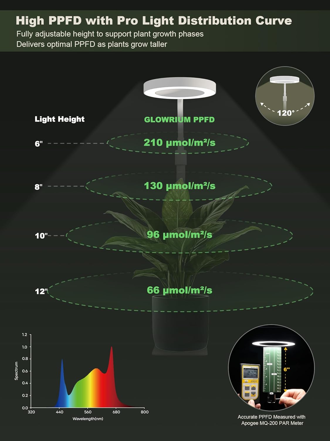 GLOWRIUM Smart LED Grow Lights for Indoor Plants, Desk Plant Light with Bluetooth App Control, 12W Full Spectrum Grow Lamp, Height Adjustable 16"-23", Auto Timer, Watering Reminder for Small Plants