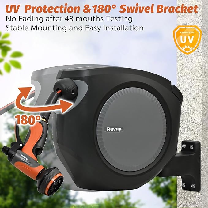 Ruvup Retractable Garden Hose Reel, 1/2in x 50ft Water Hose Reel with 10 Style Nozzle, UV Resistant Automatic Gardening Hose Reel Wall Mount for Outside, Slow Retraction Any Length Lock 180° Swivel