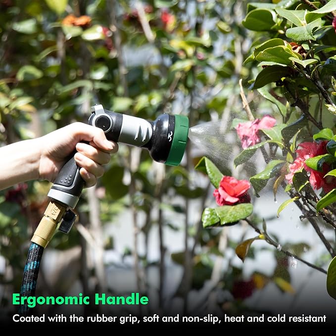 RESTMO 2-IN-1 Garden Hose Nozzle, Heavy Duty Metal Water Hose Nozzle with 4 Spray Patterns, Magic Twist and Thumb Flow Control, Ideal for Watering Plants & Lawns, Washing Cars & Pets, Green