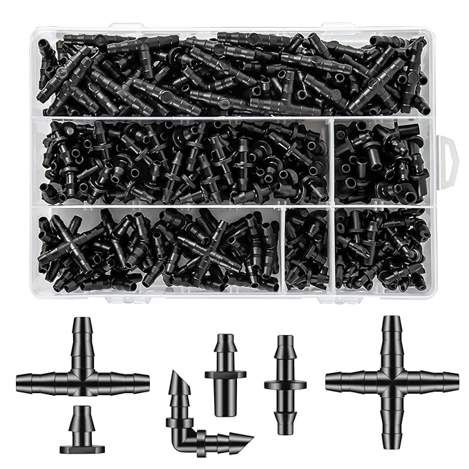300 Pcs Barbed Connectors Drip Irrigation Fittings Kit, 1/4" Drip Irrigation Kit for Garden Flower Pot Greenhouse Lawn (Straight Barbs,Single Barbs,Tees,Elbows,End Plug,4-Way Coupling)