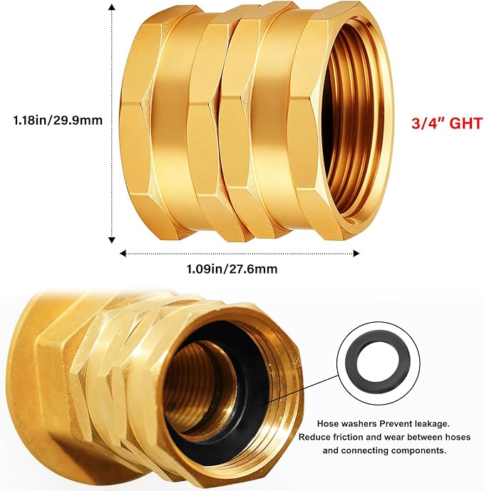 UNWAVER Solid brass Garden Hose Fittings female Connectors Adapter Heavy Duty brass double female faucet leader coupler dual water hose connector(3/4"GHT) 2 Pcs