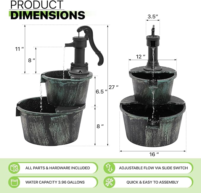 Magshion Barrel and Pump Water Fountain, Freestanding Cascading Waterfall Fountain with Electric Recirculating Pump, 2-Tier Water Feature Decor for Garden, Patio, Backyard, or Porch, Dark Green