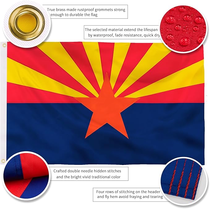 XIFAN Premium Arizona State Flag 3x5 ft Outdoor, Double Sided Embroidered Stars, Heavy Duty 210D Nylon AZ Flags, the Strongest Longest Lasting for Outside with Sewn Stripes/Brass Grommets