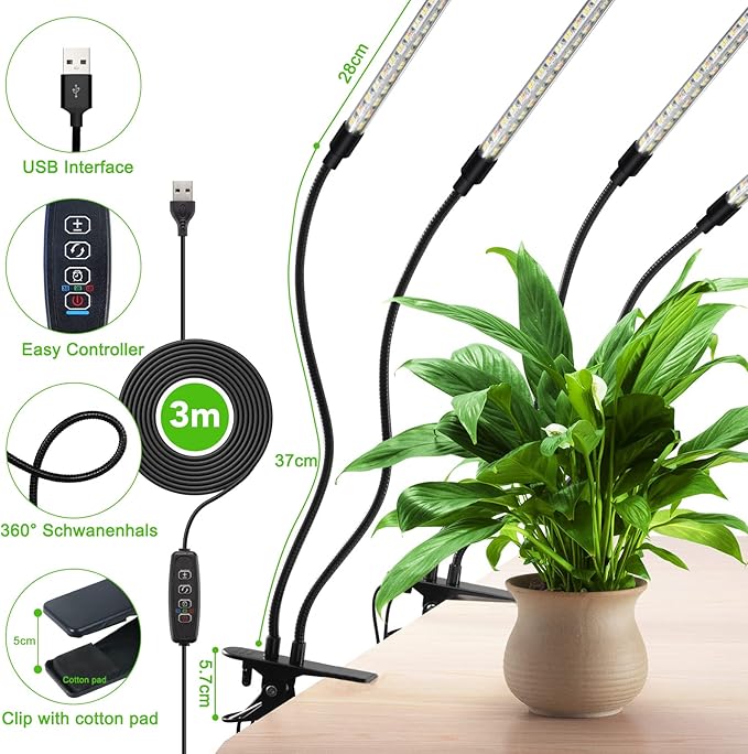 Plant Lights for Indoor Growing, Full Spectrum 4 Heads Clip Grow Lamps with 10 Feet Cables for Seeding Blooming and Fruiting(2 Pack)