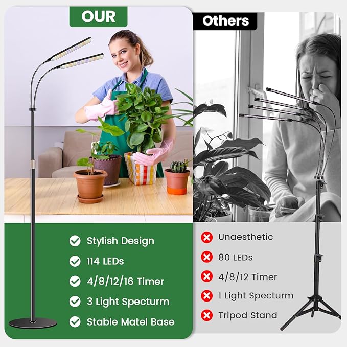 Black Floor Grow Lights for Indoor Plants, 2-Heads Full Spectrum LED Plant Grow Light with 4/8/12/16H Timer, 3 Color Modes, 24-68.7in Hight Adjustable Grow Lamp for Tall Large Indoor Plants
