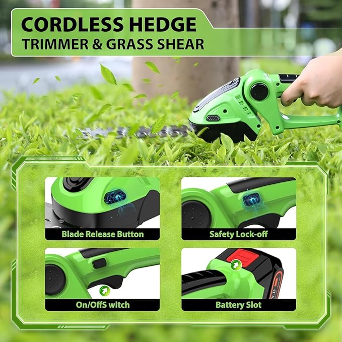 Cordless Hedge Trimmer & Grass Shears -24V Electric Shrub Trimmer Grass Shears Handheld Grass Cutter, Hedge Shear with 2 PCS Rechargeable Battery, Charger and Toolbox to for Garden, Lawn,Green