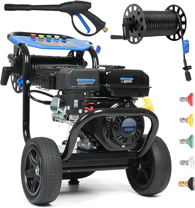 Gas Pressure Washer 3600PSI 2.3 GPM 212CC High Pressure Washers, 30FT Hose with Reel, Built-in Soap Tank, 5 Quick-Connect Nozzles, Axial Pump, Heavy Duty Gas Power Washer for Cars Driveways