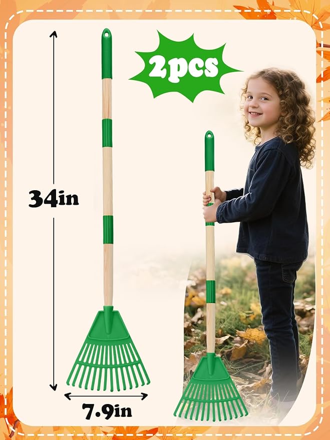 Acostop 2 Pcs Kids Rakes with Wood Handle - 34" Lightweight Plastic Garden Rake for Leaves, Safe to Use Kid Yard Tools for Boys Girls Fall Gardening Gifts (Green)