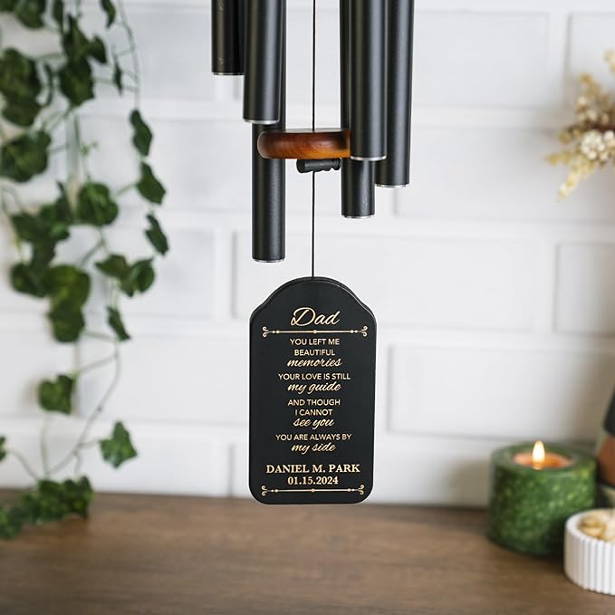 Memorial Wind Chime Personalized with Name & Date, in Loving Memory - Sympathy Gifts - Keepsake Loss of Beloved One - Listen to The Wind and Think of Me Wind Chime - Black