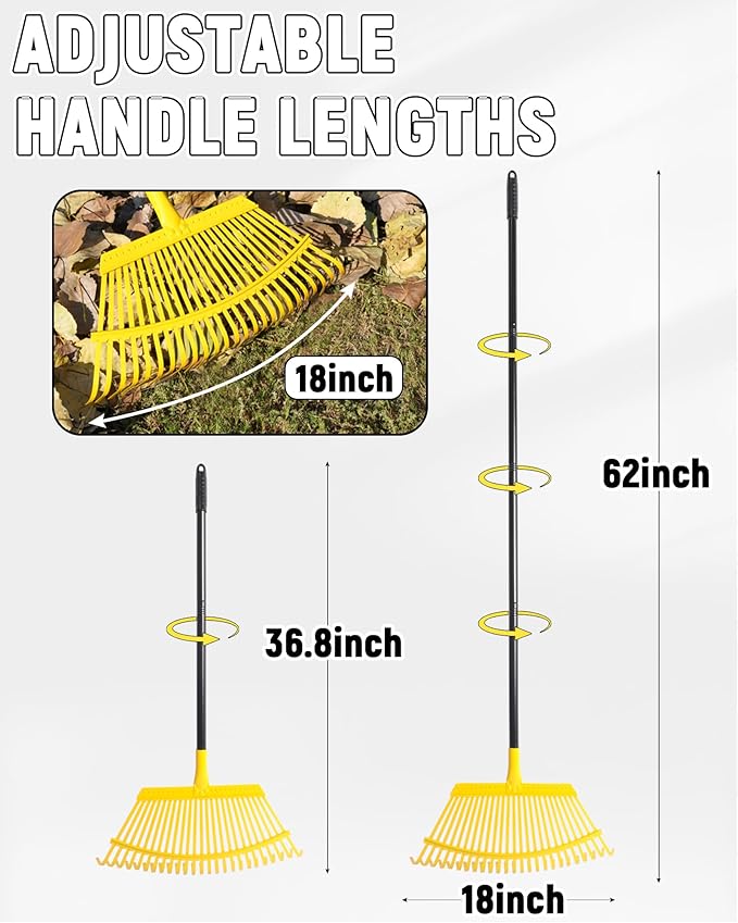 Garden Leaf Rake, 18” Wide Metal Rake with 25 Teeth, 62" Adjustable Long Handle, Heavy Duty Lawn Yard Tool for Leaves, Grass, Shrubs, Debris, Pine Needles, Garden Cleanup Tools for Backyard