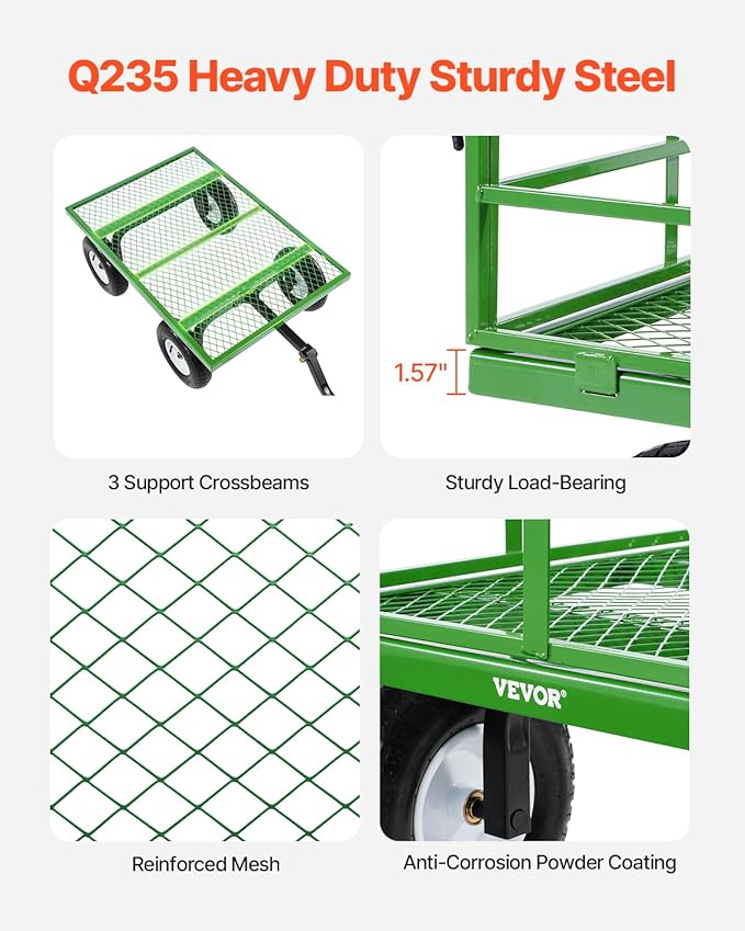 VEVOR 1200 Lbs Steel Garden Cart, Heavy Duty Pullable Garden Wagon Yard Cart, 2 in 1 Outdoor Metal Utility Wagon Yard Trailer with 13" All Terrain Tires, Mesh Removable Sides and 180°Rotating Handle