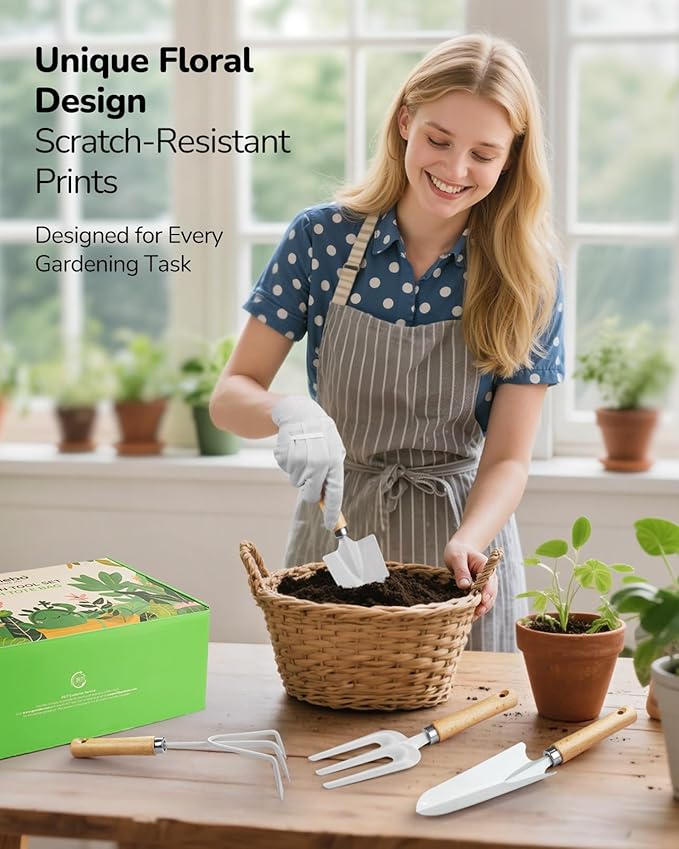 Gardening Tools, 10-Piece Gardening Gift Set for Women, Rust-Proof & Heavy-Duty Tools with Floral Organizer Bag, Fashionable & Thoughtful Gift for Garden Women (Pink White)