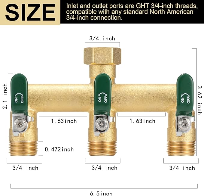 EBH Garden Hose Splitter, 3-Way High Flow Heavy Duty Brass Outdoor Hose Manifold with Long Handles Full Flow Faucet Adapter- 3/4” GHT(Green)