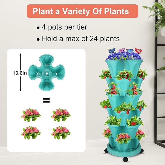 Vertical Planter, 6 Tier Stackable Strawberry Planter with Garden Tool Set, Movable Indoor/Outdoor Garden Herb Pot for Growing Vegetables and Succulents, Teal