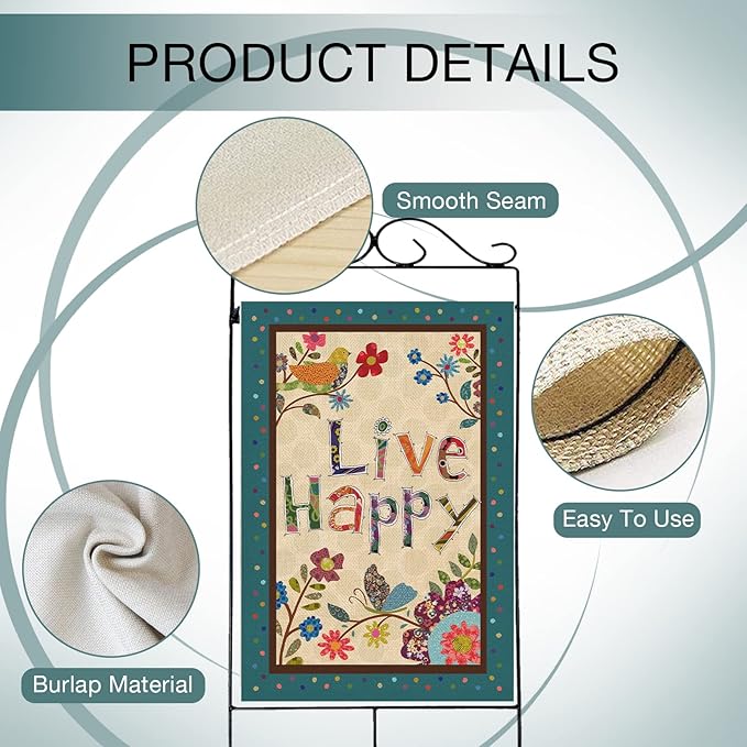 Hzppyz Live Happy Decorative Large House Flag Flower Bird, Spring Summer Inspirational Quote Garden Yard Outdoor Butterfly Decor Double Sided, Fall Positive Farmhouse Outside Burlap Decoration 28 x 40