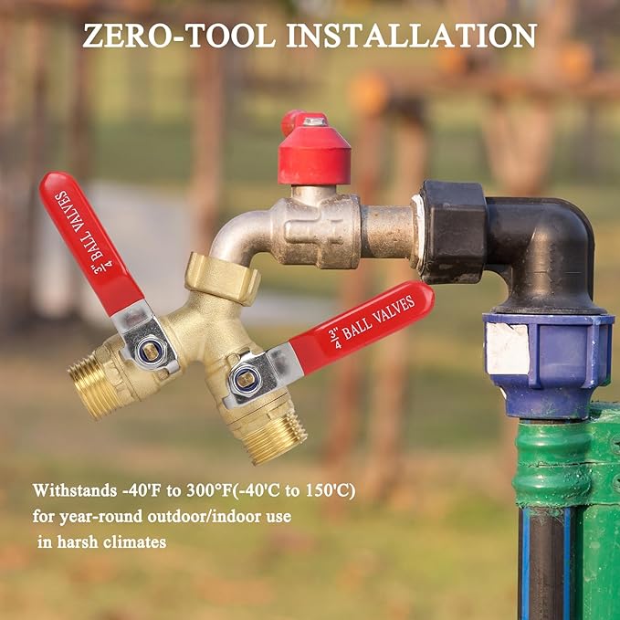 Hose Splitter 2 Way Brass Garden Hose Splitter with Stainless Steel Long Handle Y Valve Water Hose Adapter 3/4" GHT Thread