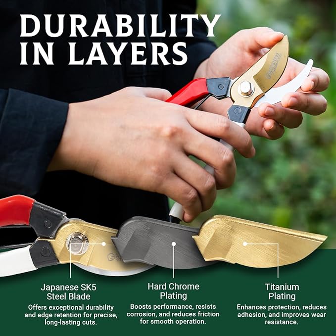 Gardeness Titanium Plating Japanese Pruning Shears, Professional Bypass Heavy Duty Garden Pruner Secateurs – Lightweight Easy Grip Branch Clippers Hand Pruners for Gardening, Trimming, Harvesting.