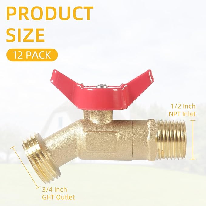 12 Pack Hose Bibb Brass Ball Valve, 1/2" Male NPT Inlet x 3/4" Male GHT Threaded Garden Hose Outlet Connector, 1/4-Turn Sillcock Water Spigot Hose Bibb Valve (1/2" x 3/4")