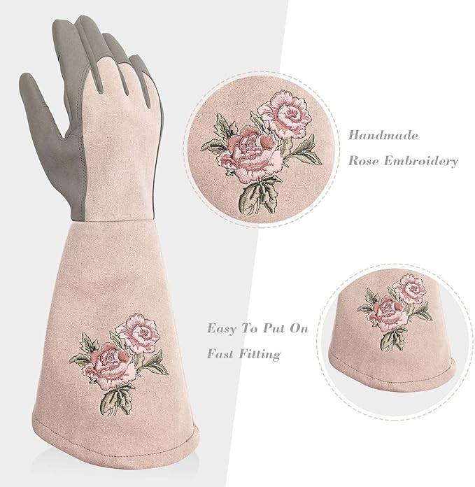 Rose Pruning Gloves Thorn Resistant, Embroidery Gardening Gloves with Extra Long Forearm Protection