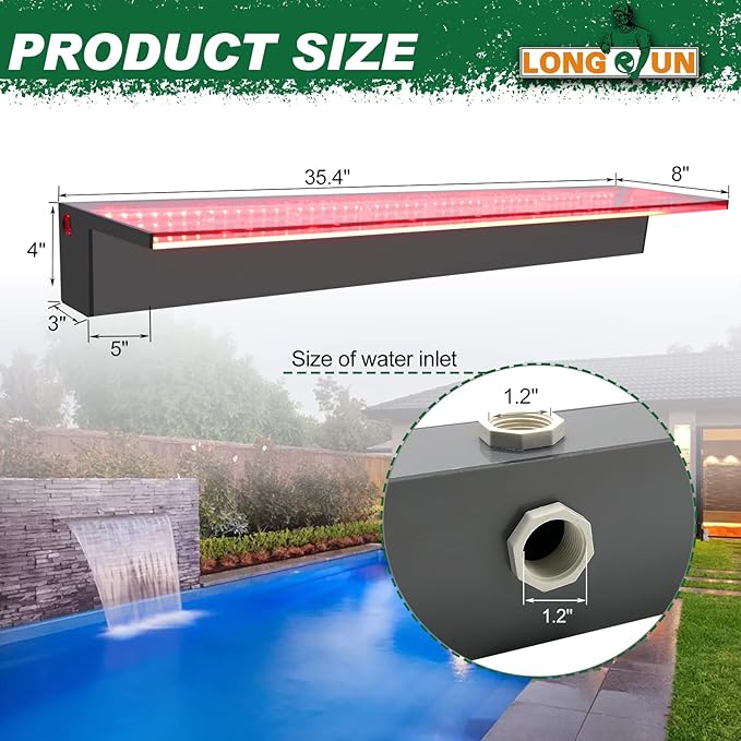 LONGRUN Waterfall Spillway, APP Control Multi-Color LED Light Outdoor Pool Fountain, Acrylic Water Spillway Koi Pond Waterfalls Fountains Kit for Garden Patio Swimming Pool Decoration-35.4"