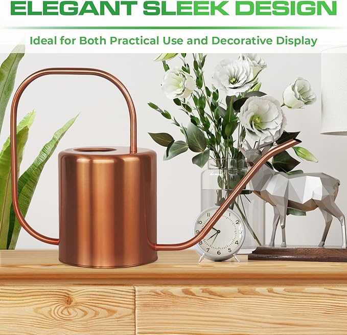 Plexon Rose Gold Metal Watering Can Indoor Plants, 54 oz Stainless Steel Long Spout Watering Can Outdoor House Plant Flower, Garden