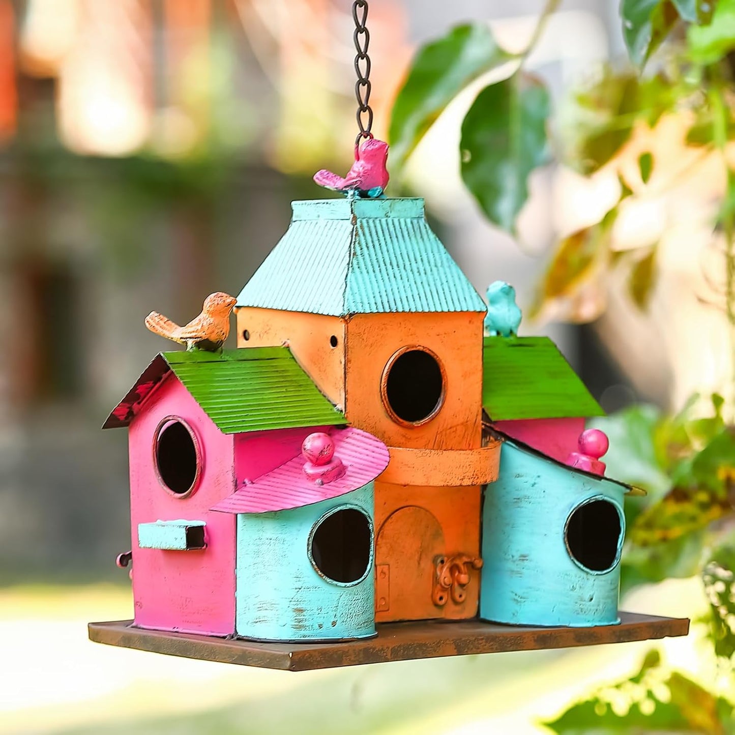 Large Bird Houses for Outside Hanging, Colorful Metal Bird Houses for Outside with 5 Compartments, Easy-Clean Front & Back Doors, Escape Holes & Ventilation, Weatherproof birdhouses for Outdoors