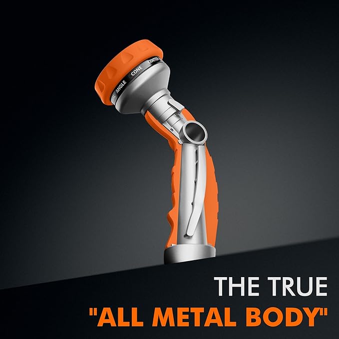 RESTMO Hose Nozzle Heavy Duty, Metal Water Hose Sprayer for Garden, 9 Spray Patterns | High Pressure | Thumb Flow Control | On/Off Valve, Ideal for Lawn & Plant Watering, Car & Pet Washing, Orange