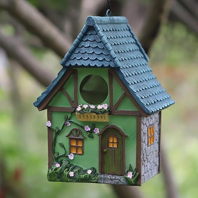 Cottage Garden Birdhouse – Green Resin Outdoor Decorative Bird House with Flower and Stone Details, Weatherproof for Backyard or Porch