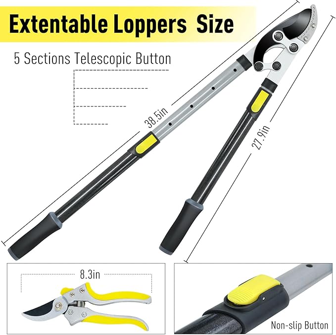 JARDINEER 3PCS Extendable Anvil Loppers for Tree Trimming Heavy Duty, 28-38.5" Branch Cutter with 2 Inch Cutting Capacity, Include Garden Tree Loppers, Pruning Shear and SK5 Spare Blade