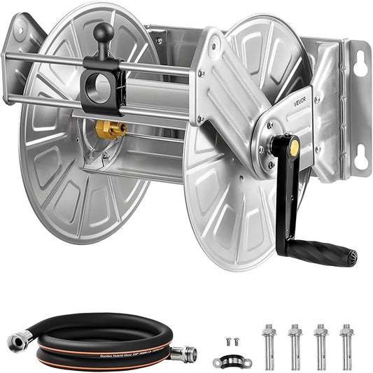 VEVOR Stainless Steel Garden Hose Reel Wall/Floor Mounted, Heavy Duty Manual Hose Winder Holds 150 ft 5/8 in Water Hoses, Outdoor Reel with Brass Fittings & 5 ft Leader Hose for Lawn, Yard, Garage