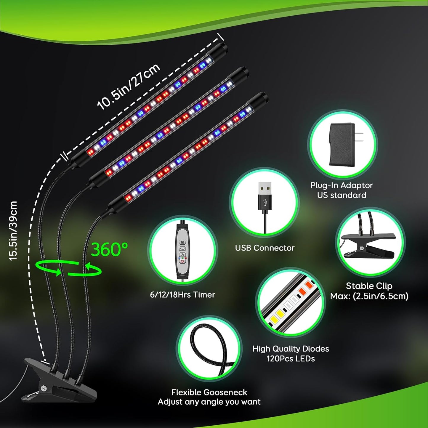 Tri-Heads Grow Lights for Indoor Plants, Full Spectrum Plant Lights for Indoor Growing with Adjustable 360ยฐ Gooseneck, 6/12/18H Timer & Dimming for Seedlings, Succulents, and Houseplants.