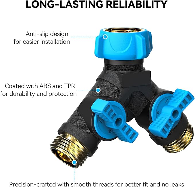 Hose Splitter 2 Way Heavy Duty, Garden Hose Splitter with Dual Shut-Off Valves, 3/4" Water Hose Connector, Leakproof Outdoor Faucet Splitter for Garden, RV, Lawn, Washing