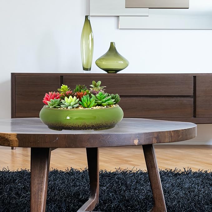 Succulent Pots - 11.5 Inch Ceramic Bonsai Pots with Drainage, Large Shallow Succulent Planters for Indoor Outdoor Plants, Round Glazed Cactus Flower Plant Container Bowl Home Desk Decor(Green)