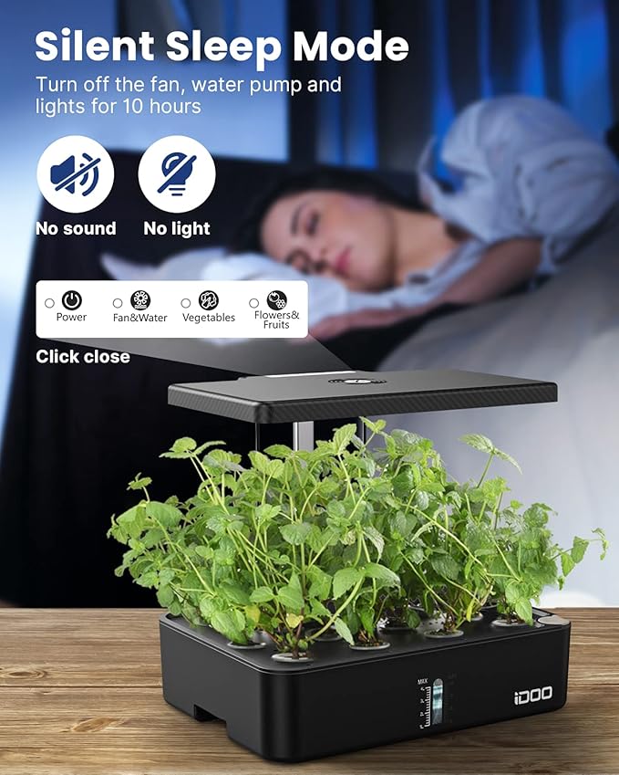 iDOO Hydroponics Growing System Kit 12Pods, Christmas Gifts for Women Mom, Herb Garden Indoor with LED Grow Light for Home, Built-in Fan, Auto-Timer, Adjustable Height Up to 11.3", 12Pods Kit-Black