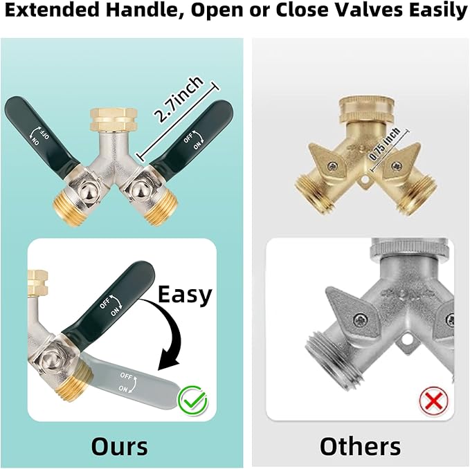 Hose Splitter 2 Way, Brass High Flow Garden Hose Splitter Heavy Duty, Hose Connector, Water Spigot Splitter, Full Flow Faucet Splitters with shutoff, 3/4” GHT Inlet