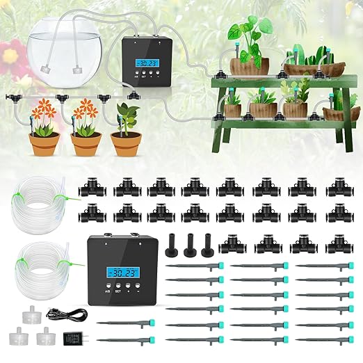 Automatic Plant Waterer Indoor, Indoor Plant Watering Devices with 2 self-Priming Pump, Automatic drip Irrigation kit with 20 Adjustable droppers, self Watering System, programmable Timer